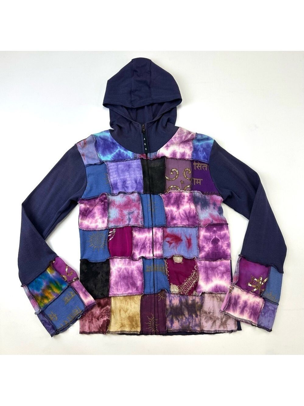 Patchwork boho hoodie Small lilac purple jersey sequin zip front casual